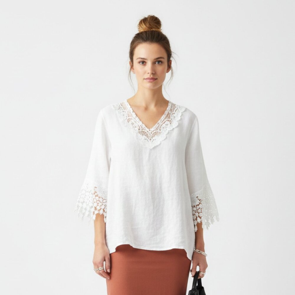 100% Linen White Half Sleeve Lace Crochet Blouse Top From Vanessa Alexandra L